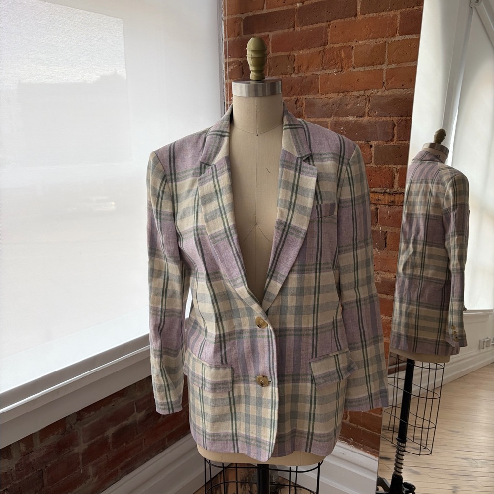 Isabel Marant Linen Plaid Blazer in Purple and Cream